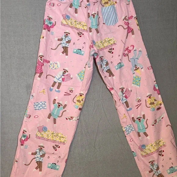 Nick & Nora Medium Pink Pajama Bottoms Sock Monkeys Pajama Party Lace Trim - Picture 7 of 9